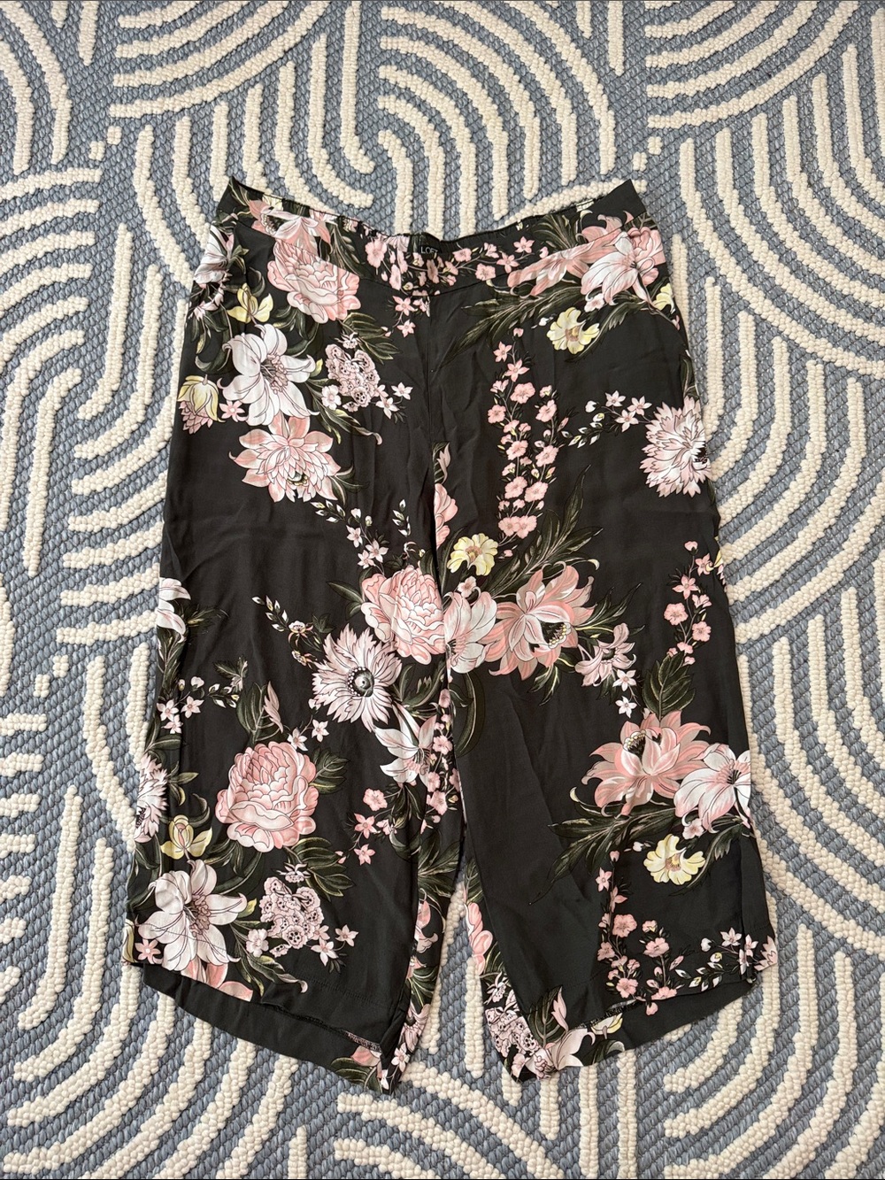 LOFT Plus Floral Wide Leg Crop Pants Size 20 Black Pink Pull-On Culottes